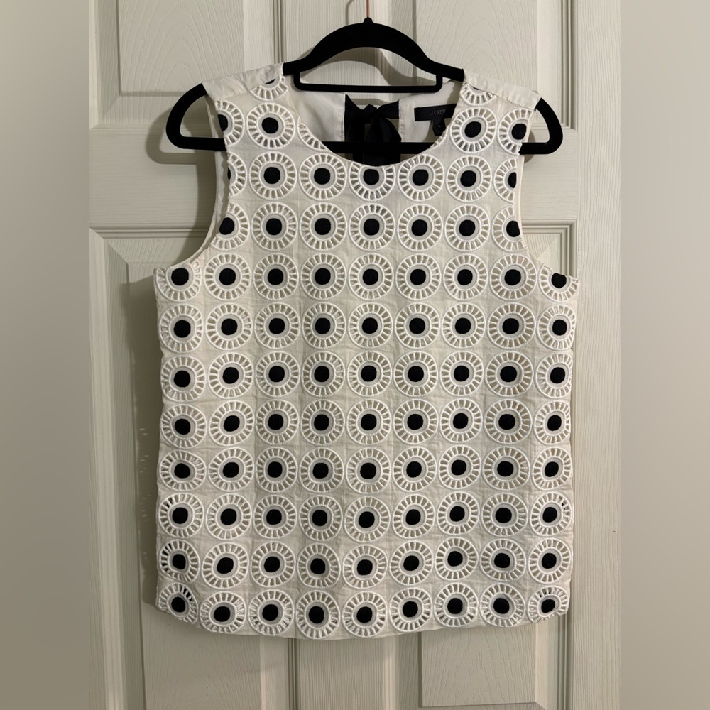 J. Crew Black White Embroider Eyelet Sleeveless Cotton Natural Fiber Blouse Top